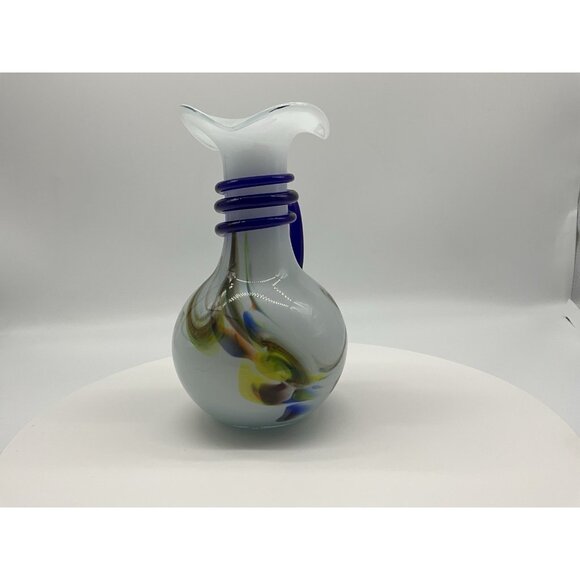 Murano Style Hand Blown Glass Pitcher With Cobalt Blue Rope And Handle Vintage - Picture 9 of 16